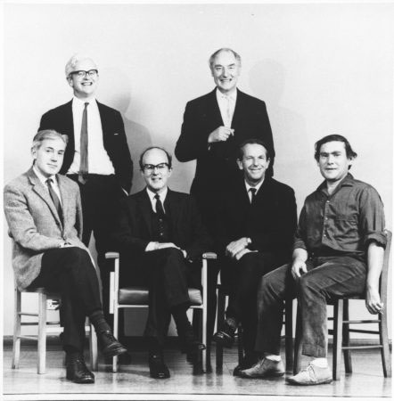 LMB Governing Board, October 1967. Left to right: Hugh Huxley, John Kendrew, Max Perutz, Francis Crick, Fred Sanger, Sydney Brenner. Photograph taken in the old LMB lecture theatre. 