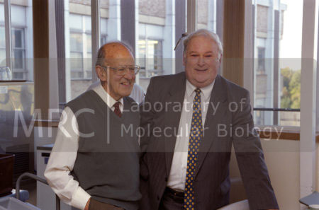 Max Perutz and Michael Fuller in the LMB canteen on the occasion of Michael's retirement, 30 September 1997.