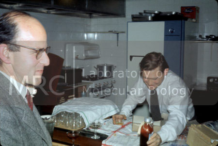 Max Perutz and Sydney Brenner at a party in the LMB canteen to celebrate Perutz and John Kendrew's 1962 Nobel Prize.