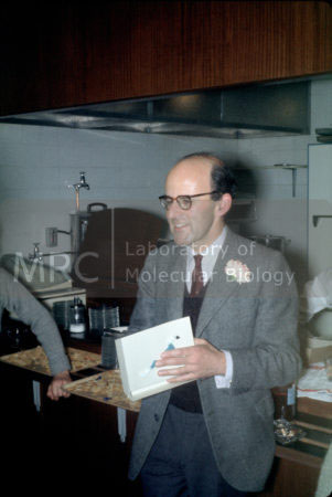 Max Perutz at a party in the LMB canteen to celebrate his and Kendrew's 1962 Nobel Prize.