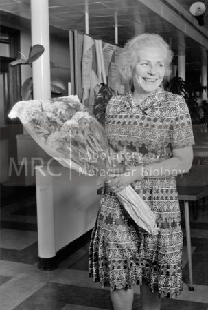 Gisela Perutz in the LMB canteen. [Taken when Gisela retired from overseeing the canteen.]