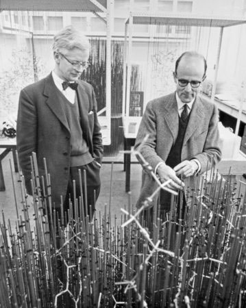 John Kendrew and Max Perutz with the 'forest of rods' model of myoglobin in the LMB model room.