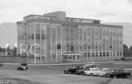 LMB building, exterior view from Addenbrookes Hospital, c. 1962.