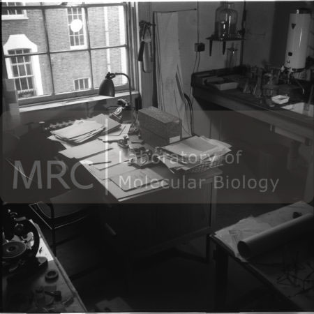 Rosalind Franklin's laboratory at 21 Torrington Square, London (part of Birkbeck College). Photographed by John Finch shortly after Franklin's death in 1958. More photographs from this series can be seen in the Models & Artefacts section of the website.