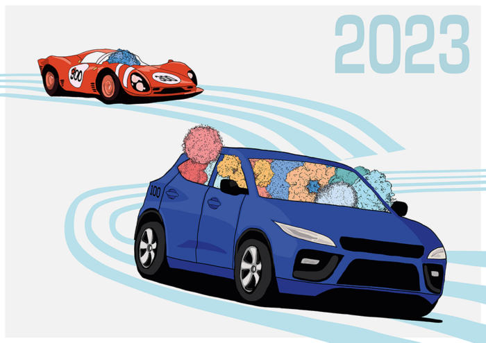 A red sports car with the number 300 (representing previous 300 keV electron microscopes) and carrying one molecular structure, trails behind a blue economy car with the number 100 (representing the new microscope at 100 keV) which carries many molecular structures.