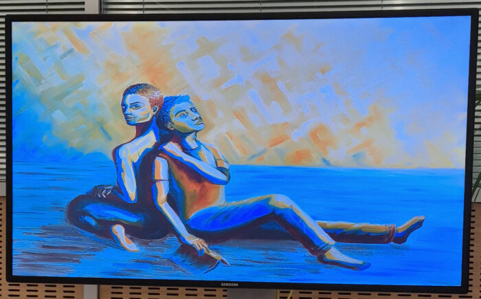 Figurative painting depicting a man and woman seated on the ground back to back. 