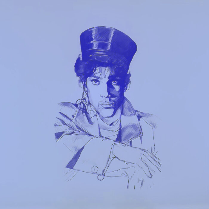 A digital drawing in purple depicting a portrait of a figure 