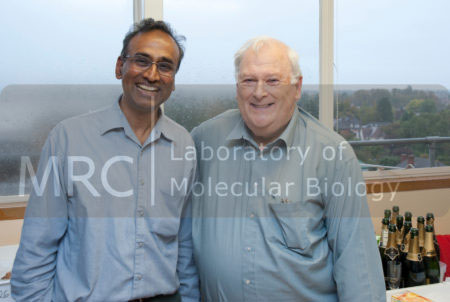Michael Fuller with Venki Ramakrishnan, 7 October 2009, in the LMB canteen, celebrating Venki's Nobel Prize.