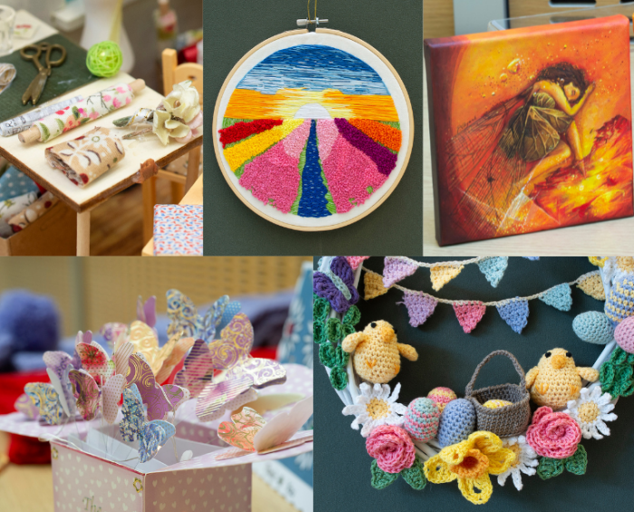 5 image collage: Model Room Close Up, Embroidered landscape, Paintings, Card Close Up, Crocheted Wreath