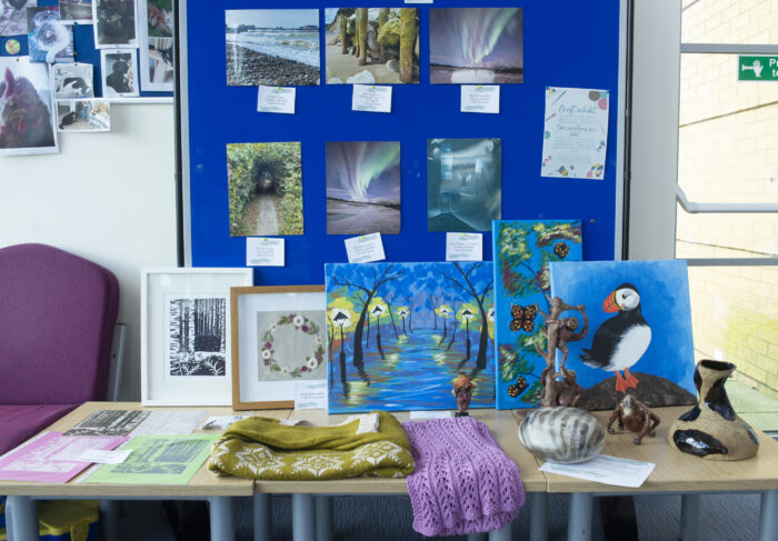 A table in front of a blue pin board. The table displays prints, knitted and embroidered items, paintings and models. The pin board displays various photographs.