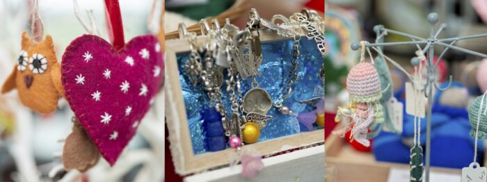 Three photos showing some of the crafts sold this year, including baubles and tree decorations, and jewellery. 