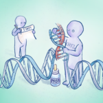 A drawing of two figures standing behind a DNA double helix. The figure in the rear is reading a scroll titled ‘LINE-1’, whilst the figure in the foreground is pulling apart the DNA double helix to glue in a new, red strand labelled ‘LINE-1’. The foreground figure has ‘ORF2p’ written across the chest and a bottle of paste at its feet.