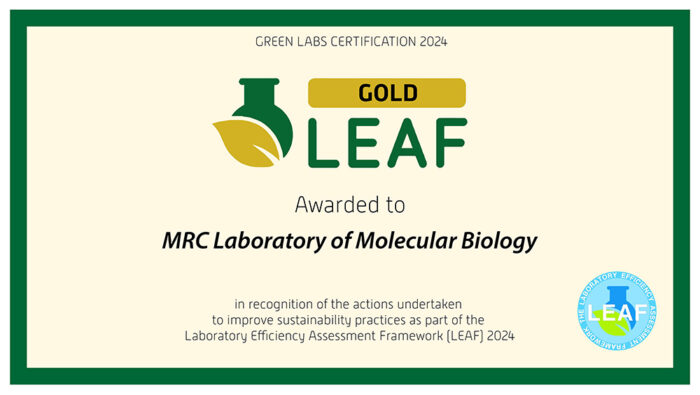 Certificate for receiving Gold LEAF accreditation which reads: Green labs certification. Gold LEAF awarded to MRC Laboratory of Molecular Biology in recognition of actions undertaken to improve sustainability practices as part of the Laboratory efficiency Assessment Framework (LEAF) 2024