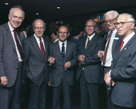 LMB Nobel Laureates (Jim Watson, Max Perutz, César Milstein, Fred Sanger, John Kendrew, Aaron Klug) at the 40th anniversary celebrations of LMB. 
