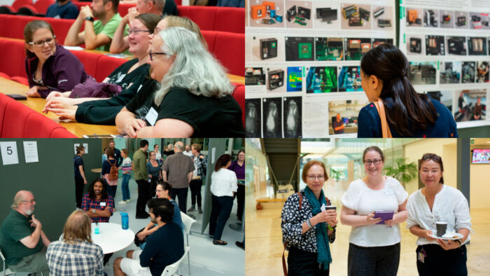 Collage of photos from the symposium showing people in the lecture theatre, looking at scientific posters, networking