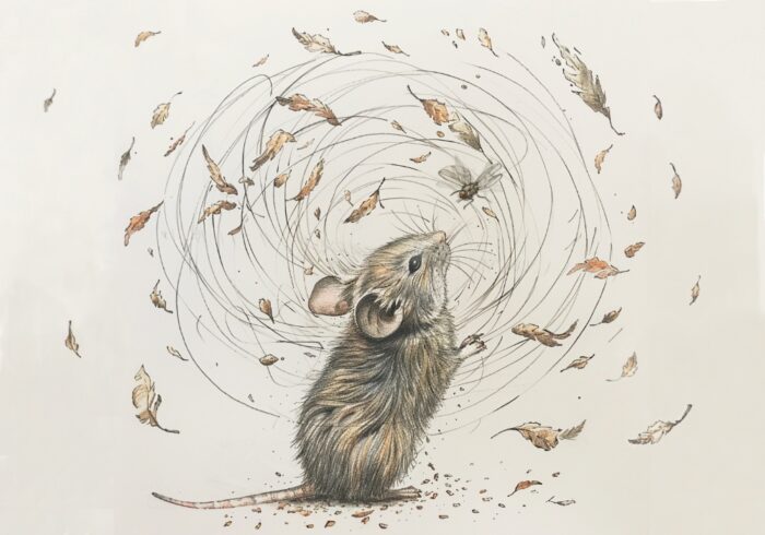 Illustration showing a mouse interacting with a dynamic environment of leaves being swirled around by wind, the mouse is focusing on an approaching fly illustrating the process of translating kinetic visual information into motor commands