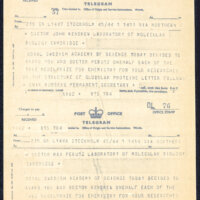 Telegram announcing the awarding of the Nobel prize for Chemistry, to Max Perutz and John Kendrew, 1962.