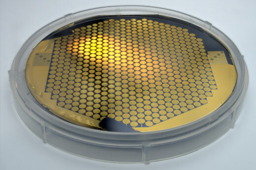 Wafer grid up close up. Shows a disc shaped grid which is used in cryo-EM experiments.